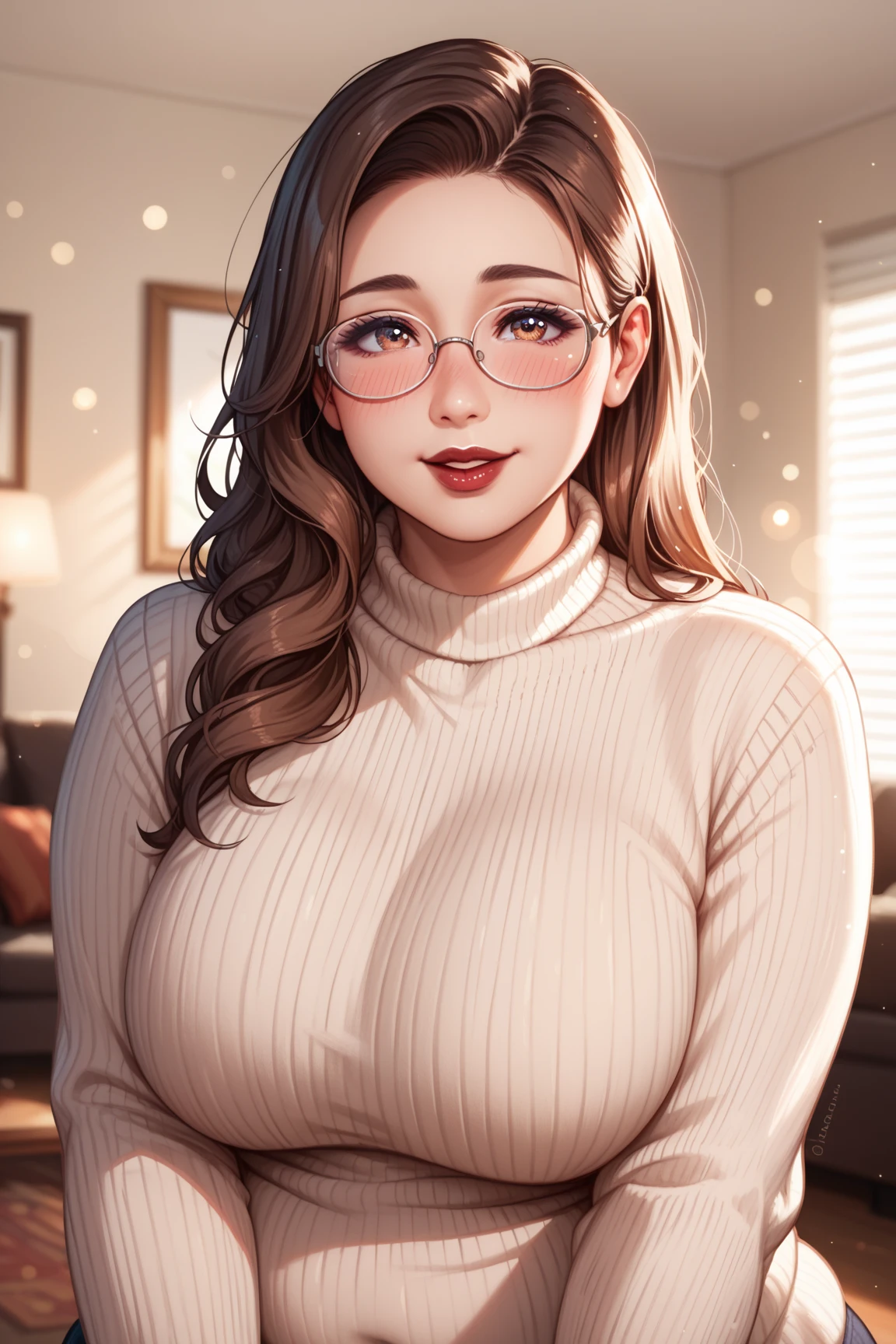 akitainuzuka,long hair, brownhair, black eyes,glasses,earrings,turtle neck sweater,cleavage,calm smile,mature woman, milf

