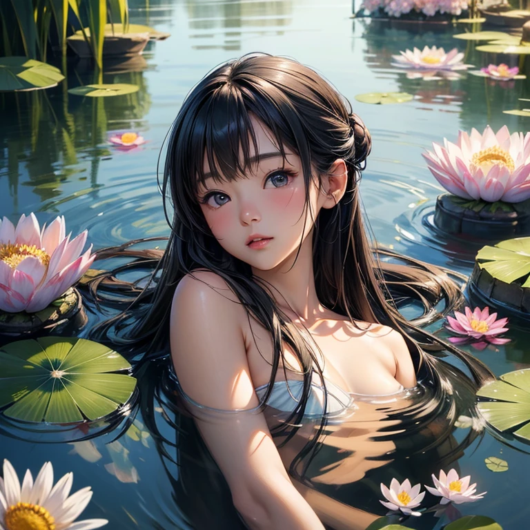 "A premium high-resolution photograph showcasing a graceful woman in a lotus pose, surrounded by giant, pale pink lotus flowers that seem to float in a dreamy mist. The colors are soft and ethereal, with an emphasis on pale pinks, whites, and pastels. The lighting is soft and diffused, creating a sense of peace and tranquility. The photograph has a mysterious and enigmatic mood and feeling, focusing on inner peace and serenity. The woman's face shows tranquility, and her eyes are closed, reflecting inner calmness. The photograph should be rich in detail, with exquisite lotus petals, mist, and lighting, highlighting composition with the woman placed in the center of the image, creating balance and a relaxing, peaceful feeling for the viewer."
