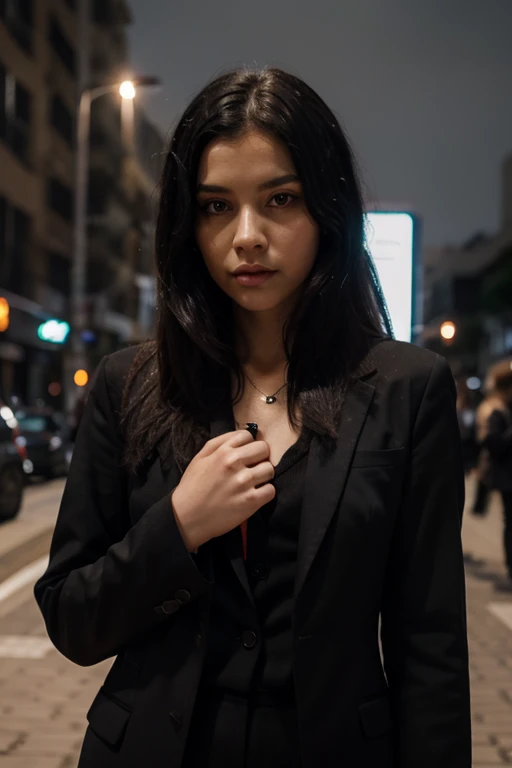 Man on black suit cover with one girl and his enemies 