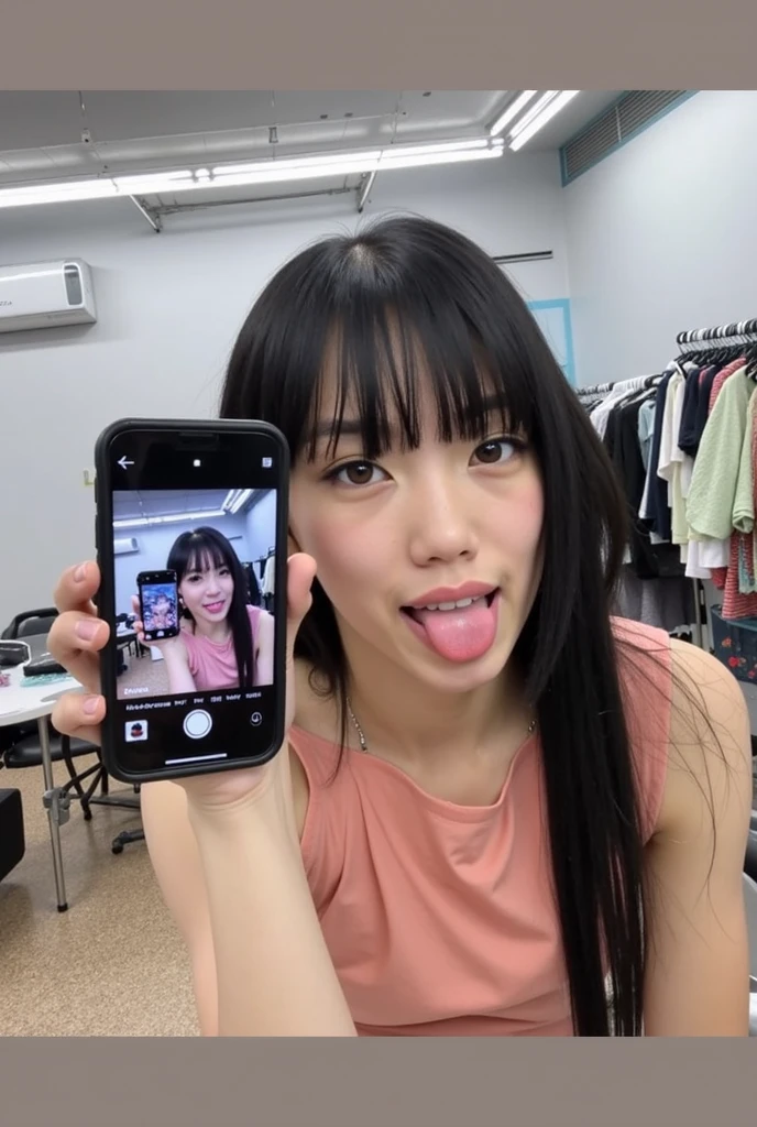 pink tube top,midriff peek,micro shorts,open mouth,tongue out,cum on tongue,standing,Kneeling,Selfie,looking ahead,from above,flont view,cowboy shot,(1girl,Beautiful 14 year old girl),((Slender,Small breasts,Small face,)),looking at viewer,Black Hair,bangs,one side up,Beautiful and detailed,Mischievous smile,Dimly lit room,Simple Background,Black background,Low lighting