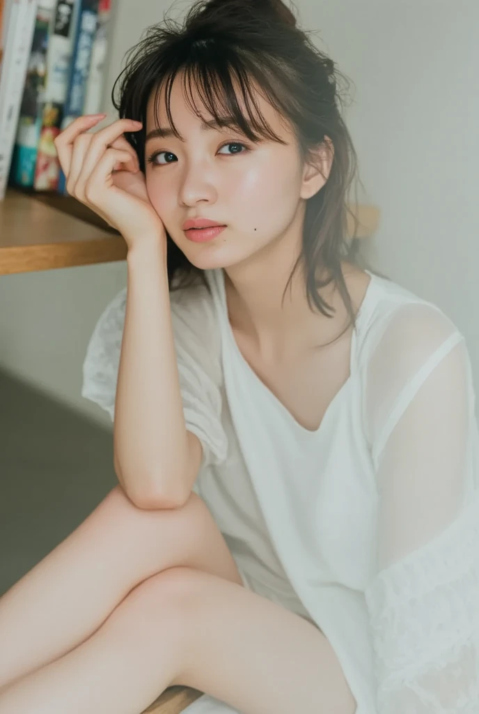 masterpiece、highest quality、16k、High resolution、超High resolution,Written boundary depth、Very detailed、Soft Light、Professional Lighting、Pale shading、Low contrast、Japanese、Beauty、Attractive woman、50 years old、daytime office、Window seat、sitting in front of a computer、A loose, see-through blouse in pastel colors、Sleeveless、Navy Pleated Skirt、Small mouth and beautiful thighs:1.6)、(Big Breasts:1.4)、You can see the chest、Deep cleavage、Saggy breasts、Ample breasts、Voluptuous thighs、Fine and beautiful eyes、(Hanging eyes)、(Thin eyebrows)、(Thin lips)、A kind smile、(Long Wavy Hair、High Ponytail),(The bangs are see-through)、