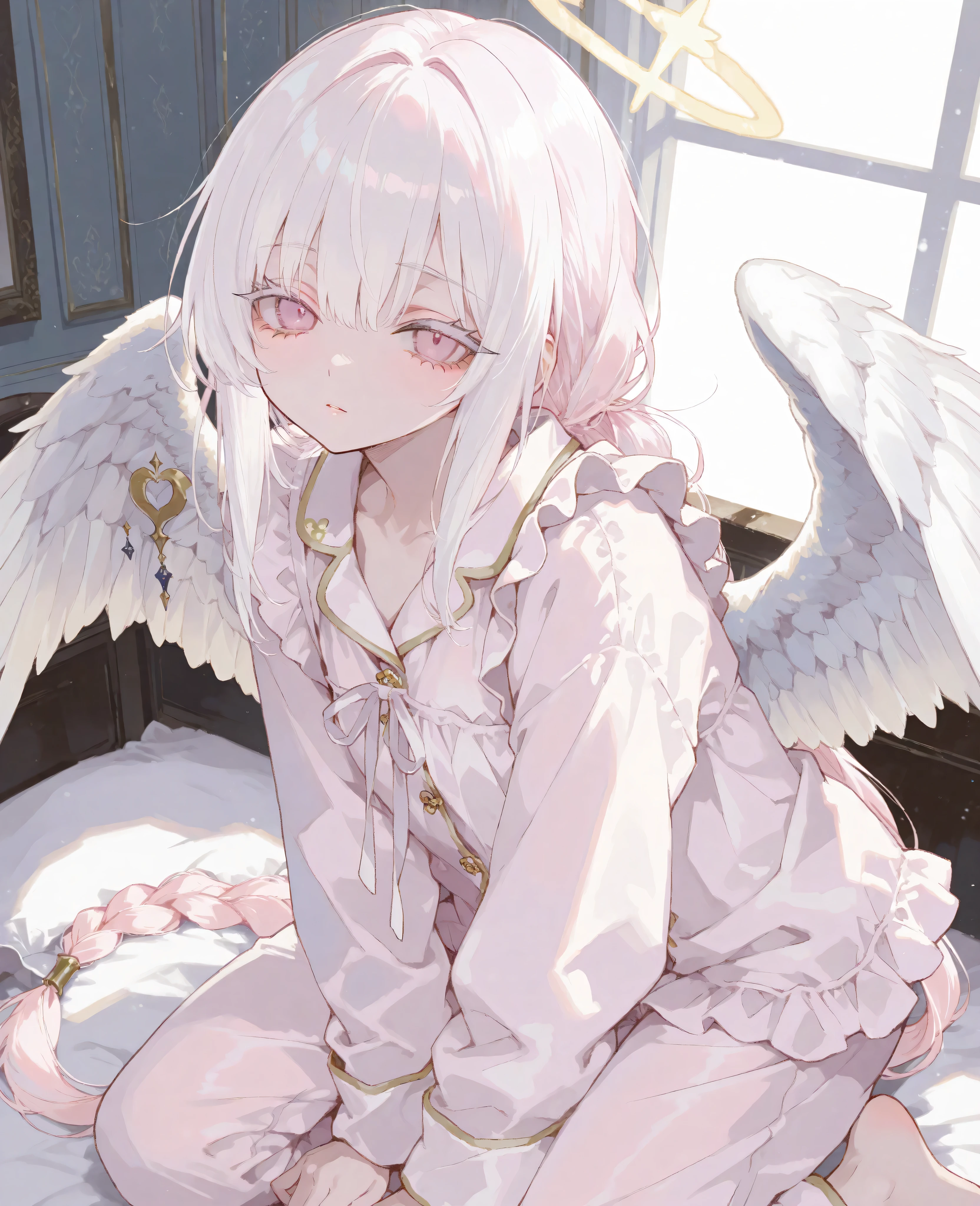 best quality,  masterpiece, 748cmstyle, 1 Girl, Light pink eyes, White hair,  Very long low double ponytail，twist braid，Light pink eyes， white eyelash ，in white pajamas，There are angel wings，little maid