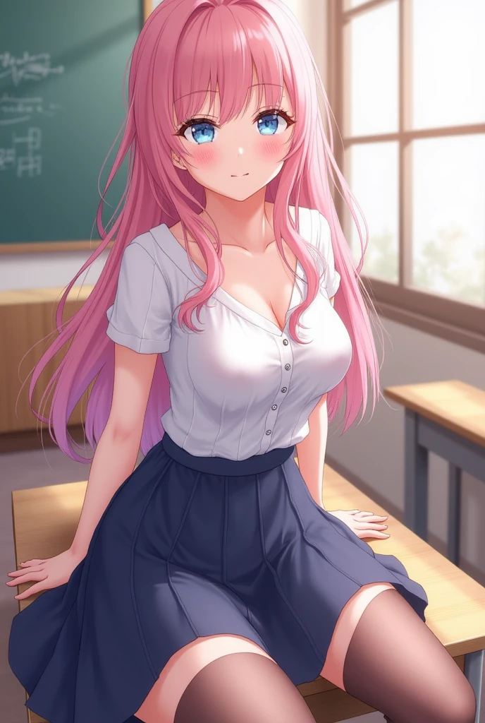masterpiece, best quality, highres, aaakari, long hair, cone hair bun, earrings, medium breasts, cleavage, blue shirt, blue bow, shoulder cutout, pleated skirt, blue skirt, classroom, sitting, panties, pantyshot, leg up,