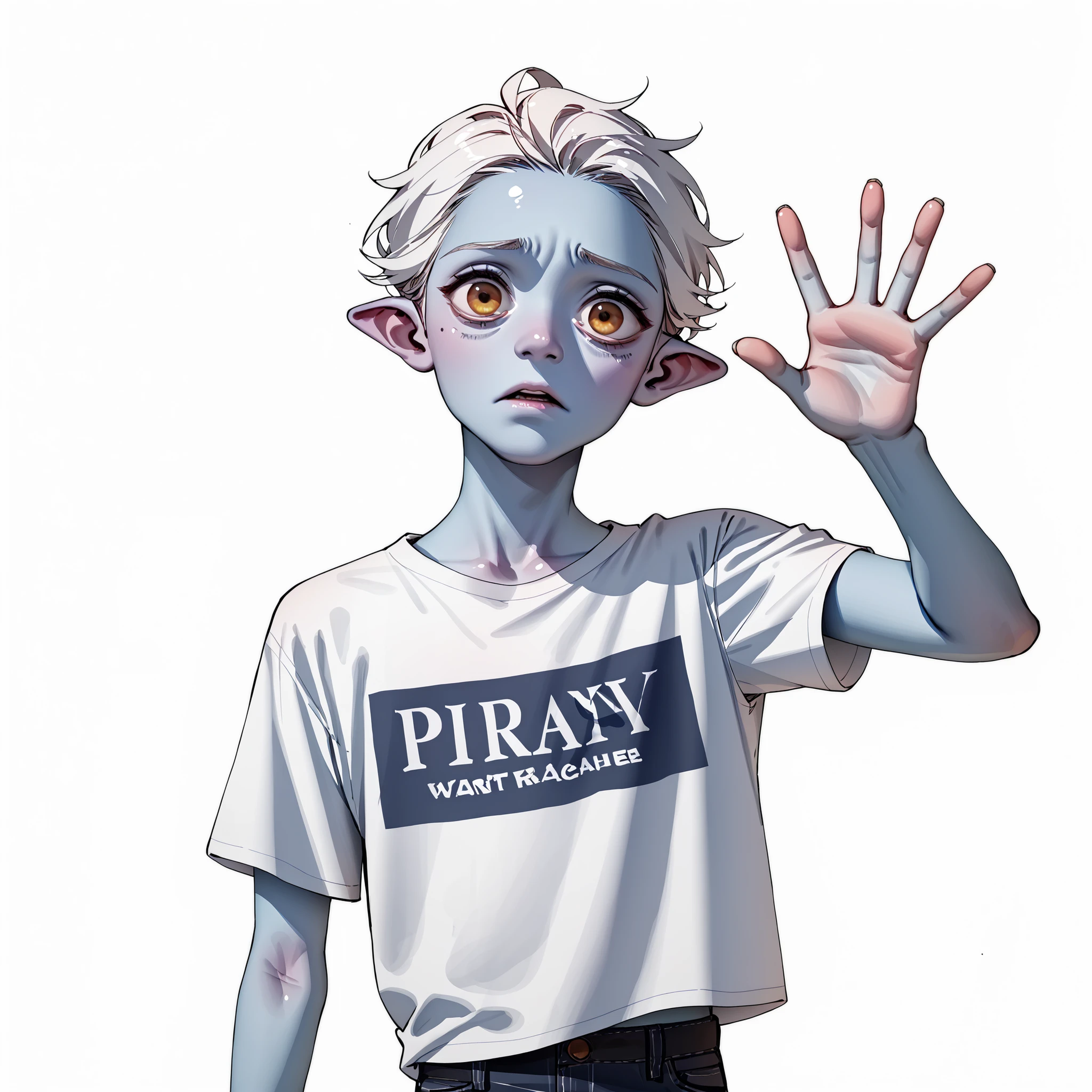 score_9, score_8_up, score_7_up, a blue young alien male who is very smart, white hair, skinny, shirt, top of his class, adorable, white background. Looking concerned and sweating. Humanoid in apeance. ((Blue skin)) ((Extreme above angle shot, Extreme above angle view, over his head)) ((him looking up))