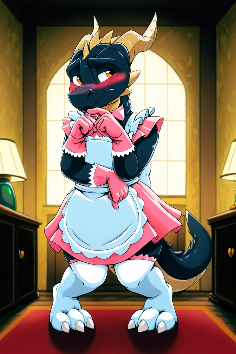 Blaze the Cat with her hair down, sexy maid attire, maid dress, puffy sleeves, long gloves, stockings, black heels, long hair, scared and embarrassed