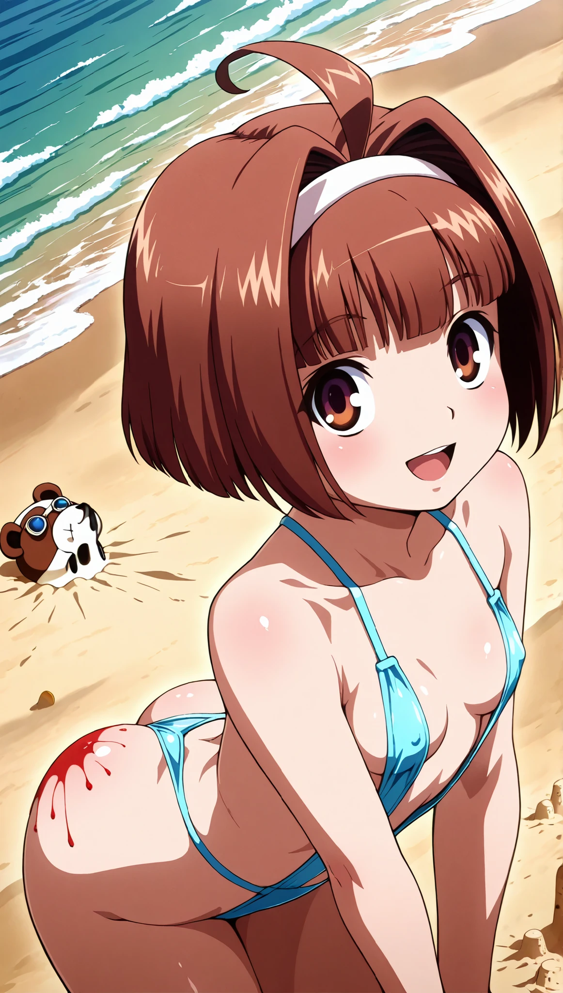(masterpiece), best quality, expressive eyes, , mikoto misaka, tan skin, surprised, beach, ass up, sunny sky, bite marks on ass, (ass bitten by shark)