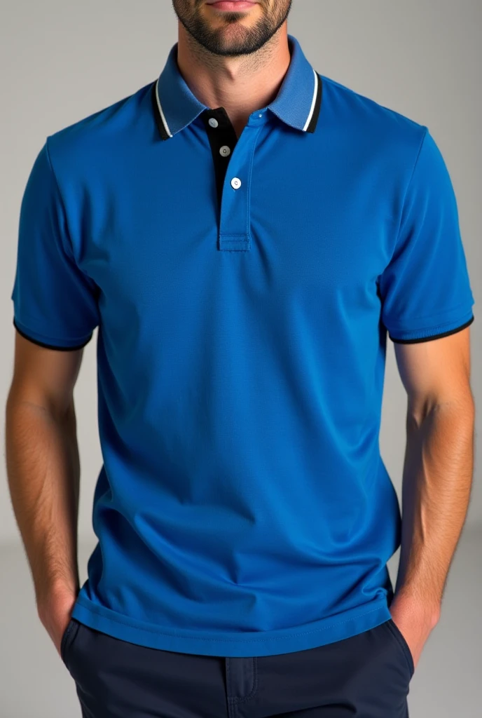 a man in a blue shirt and jeans posing for a picture, wearing a dark blue polo shirt, wearing polo shirt, in a dark teal polo shirt, wearing a light blue shirt, medium blue, blue clothing, blue shirt, sky blue, collared shirt, modern casual clothing, short sleeves, plain uniform sky, aqua, light-blue, blue, blue tight tshirt