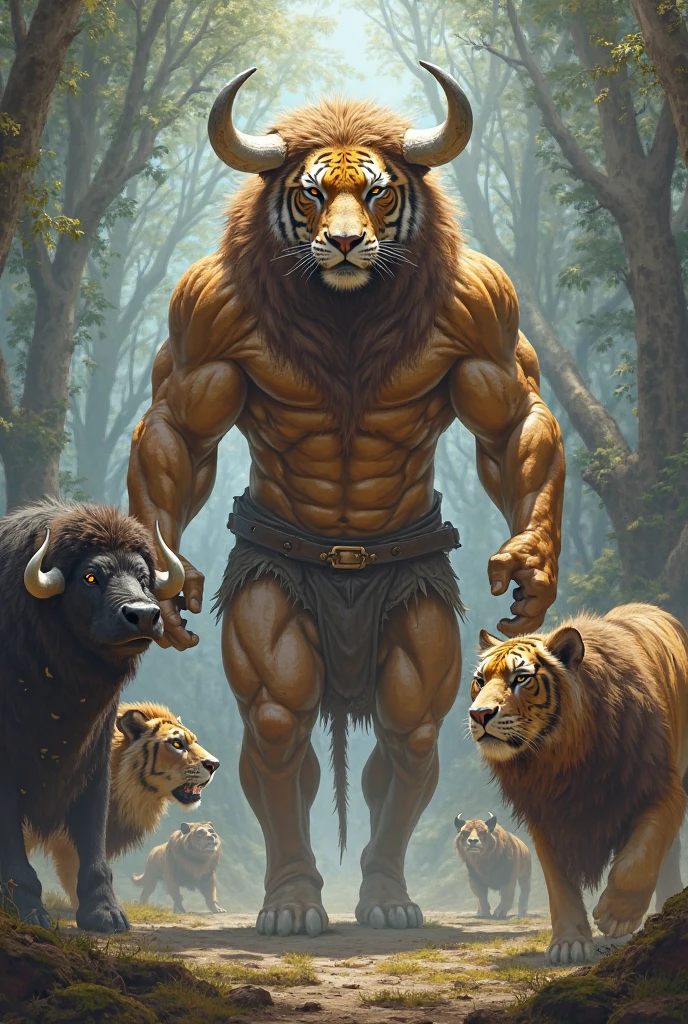 A huge chubby cat and her bodybuilder husband going through a forest some lions are coming to kill them