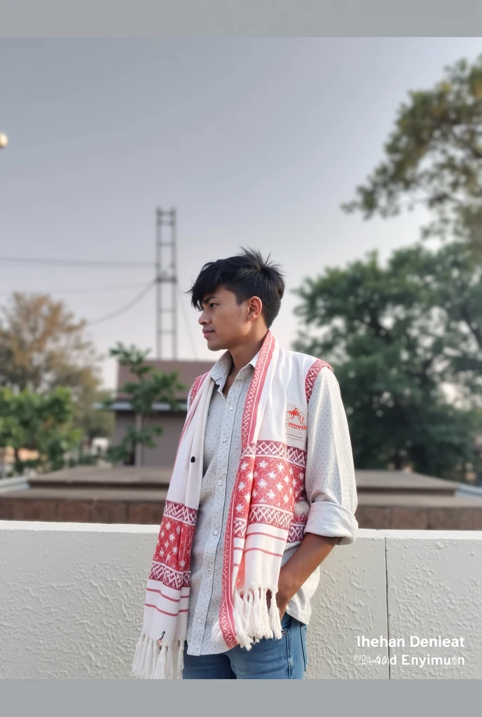 ” Create a illustration of a 18 year old boy wearing saffron color shirt and name “ M.RAJEEV ” Written on back of the shirt, sitting in front of lord ram hindu temple at sunset 3D art and looking realistic photo. ” 