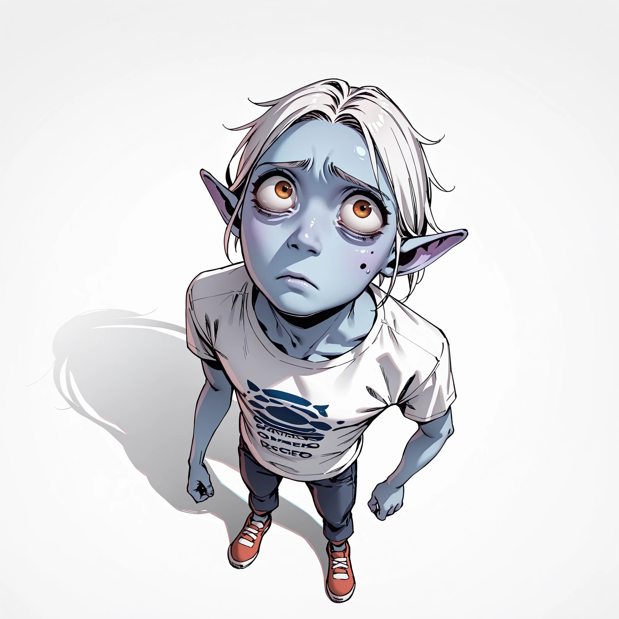score_9, score_8_up, score_7_up, a blue young alien male who is very smart, white hair, skinny, shirt, top of his class, adorable, white background. Looking concerned and sweating. Humanoid in apeance. ((Blue skin)) ((Extreme above angle shot, Extreme above angle view, over his head)) ((him looking up))