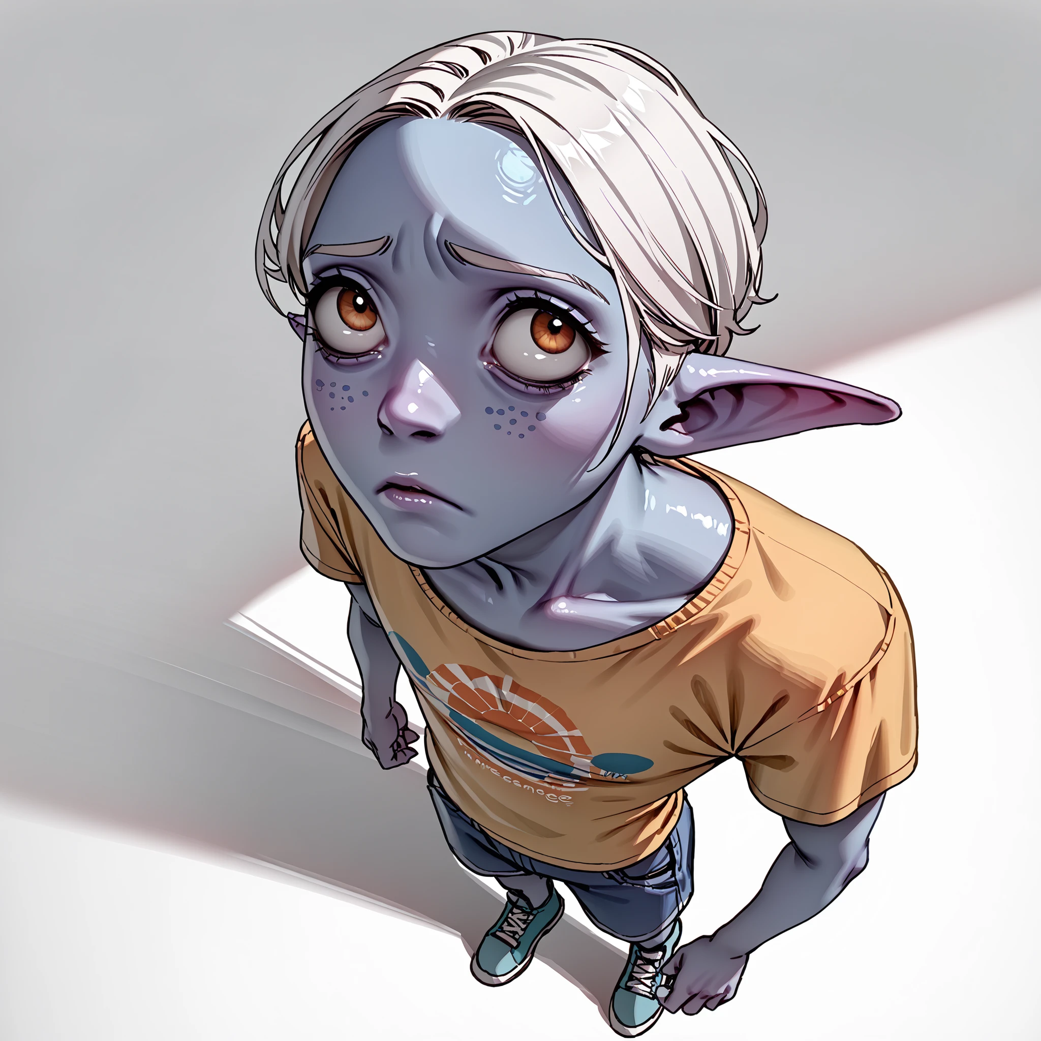 score_9, score_8_up, score_7_up, a blue young alien male who is very smart, white hair, skinny, shirt, top of his class, adorable, white background. Looking concerned and sweating. Humanoid in apeance. ((Blue skin)) ((Extreme above angle shot, Extreme above angle view, over his head)) ((him looking up))



 
