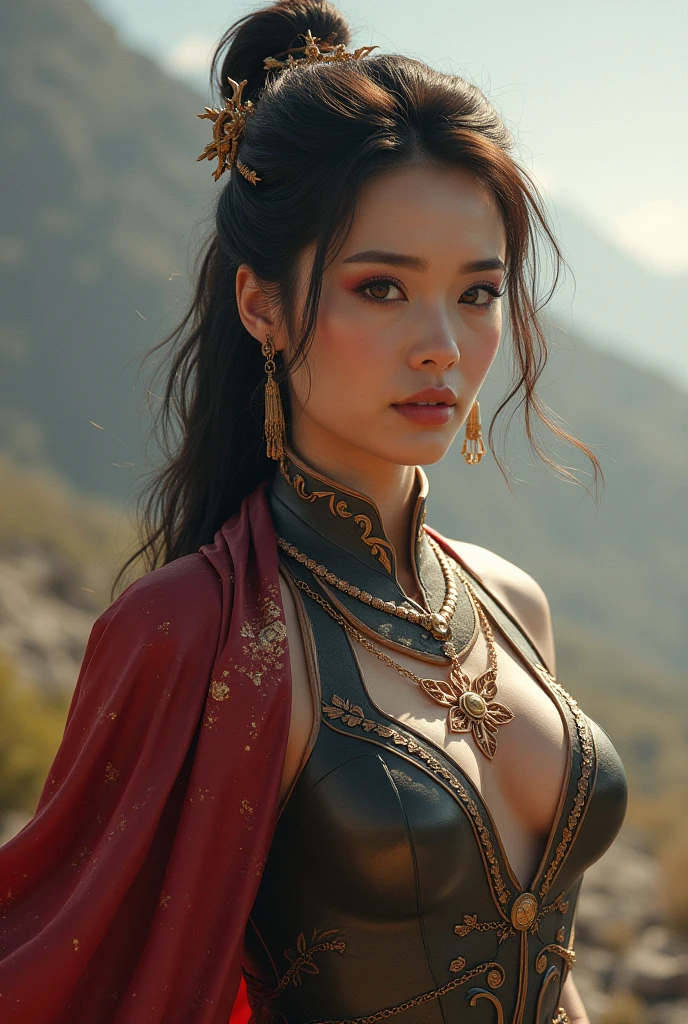 (highres, ultra-detailed, realistic:1.37), aerith, final fantasy, beautiful body, beautiful detailed eyes, detail-oriented nose, luscious lips, long flowing hair, radiant smile, elegant crown, royal attire, intricate jewelry, graceful pose, enchanting expression, majestic castle in the background, vibrant colors, soft lighting, regal atmosphere, atmospheric perspective, stunning landscape, floating clouds, magical aura, timeless beauty, intricate patterns, ethereal ambiance, striking contrast, dreamlike quality, cinematic composition