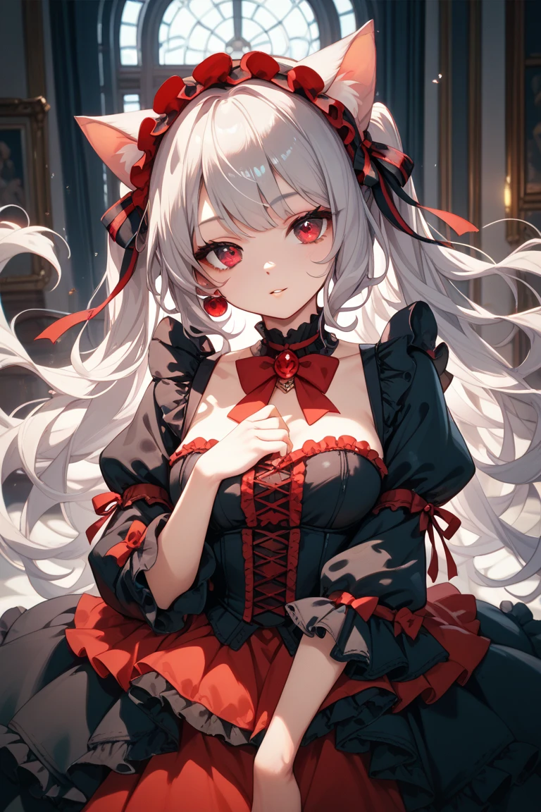 white hair、red eyes、One pretty girl、独奏、animesque、Black dress、red blush、Fox