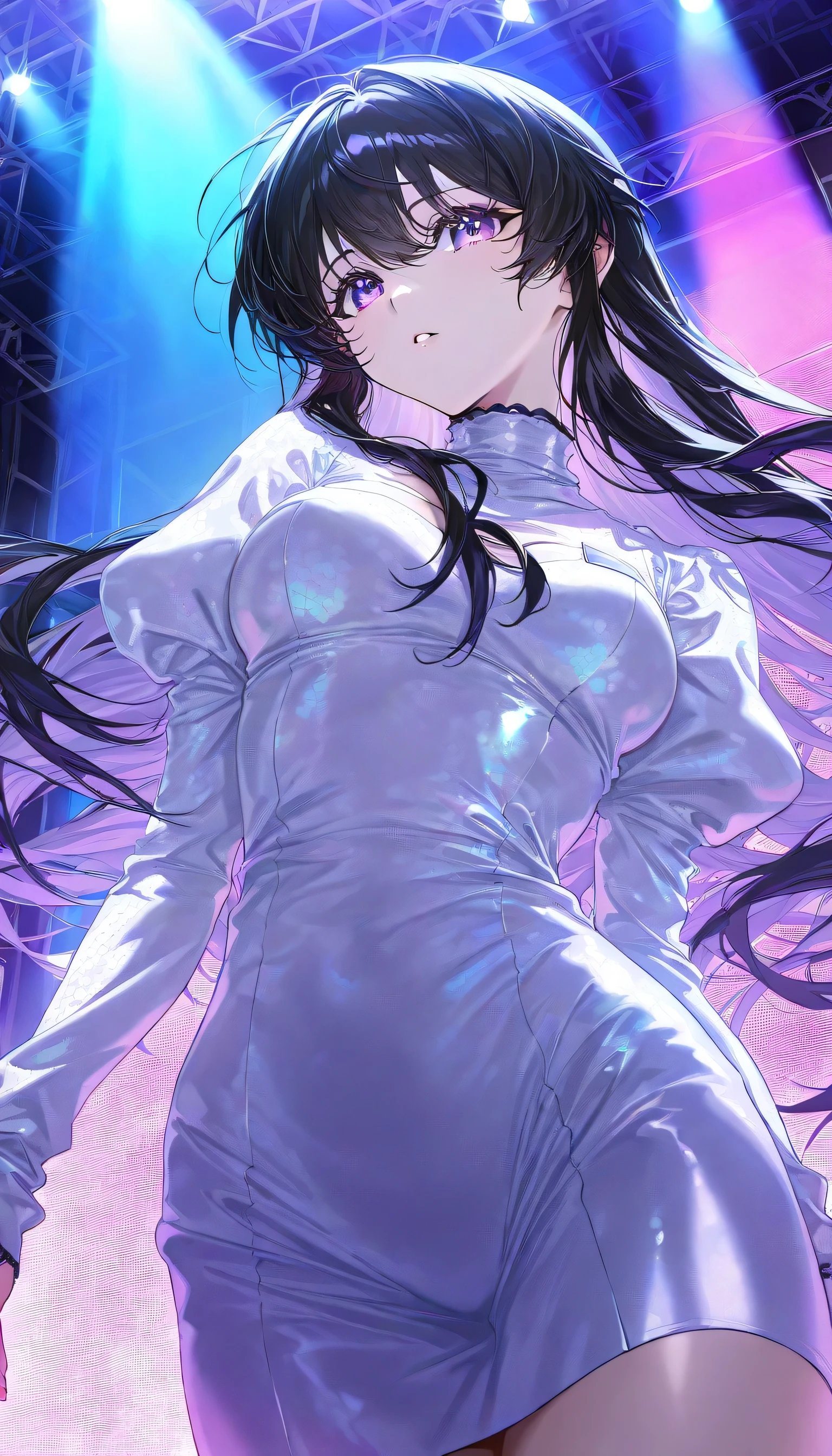 score_9, score_8_top, score_7_top, one girl, alone, long hair, black hair with a young pattern, silky hair, purple eyes, beautiful eyes, beautiful breasts, thin white fabric tip stick, white rabbit clothes, [beautiful breasts], disco nightclub background, vivid colors