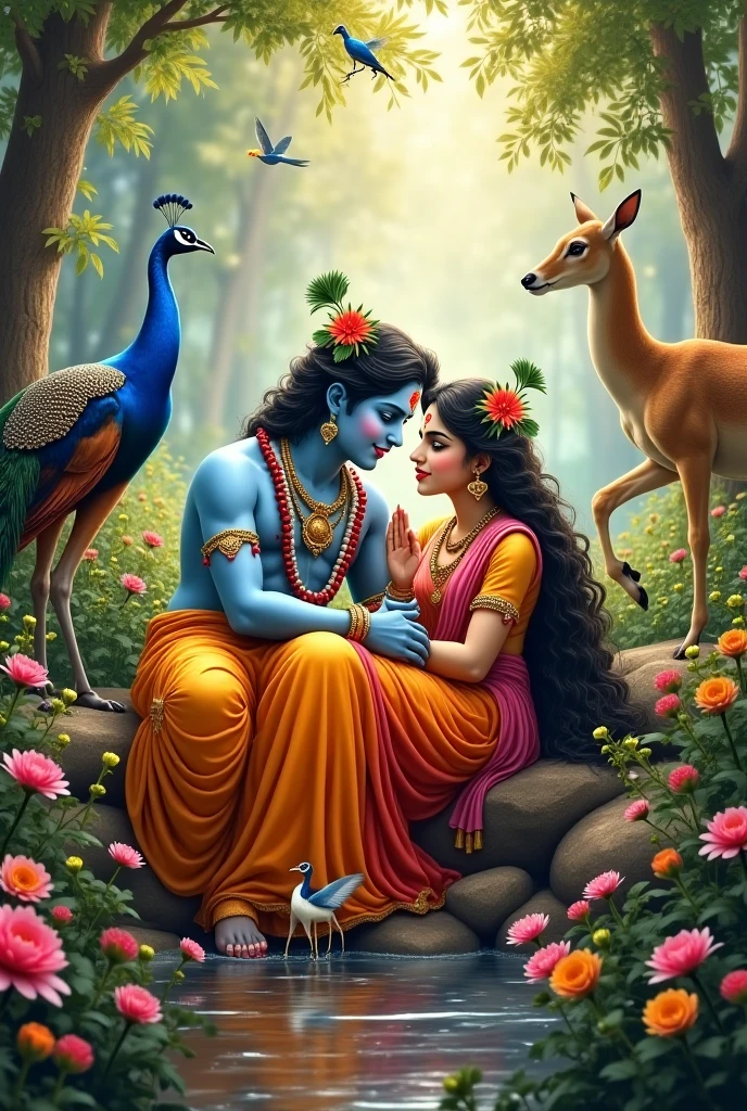 Borders with peacocks and at a corner insert radha krishna picture in white dresses with calf and peacocks around and also add lotus 