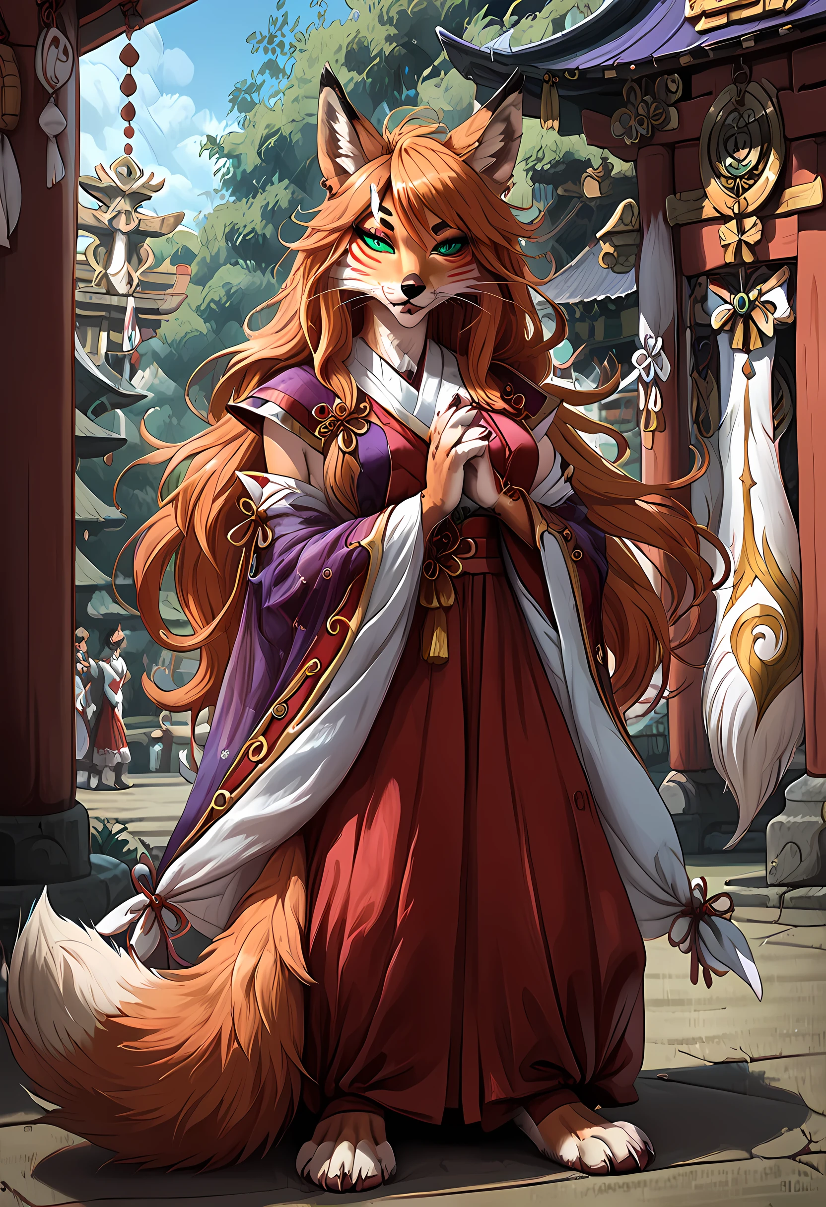 ((Silvery grey iris,Furry kitsune,vixen,paws whiskers,realistic face,colorful makeup,shrine maiden,full body shot,blooming sakura grounds:1,4))