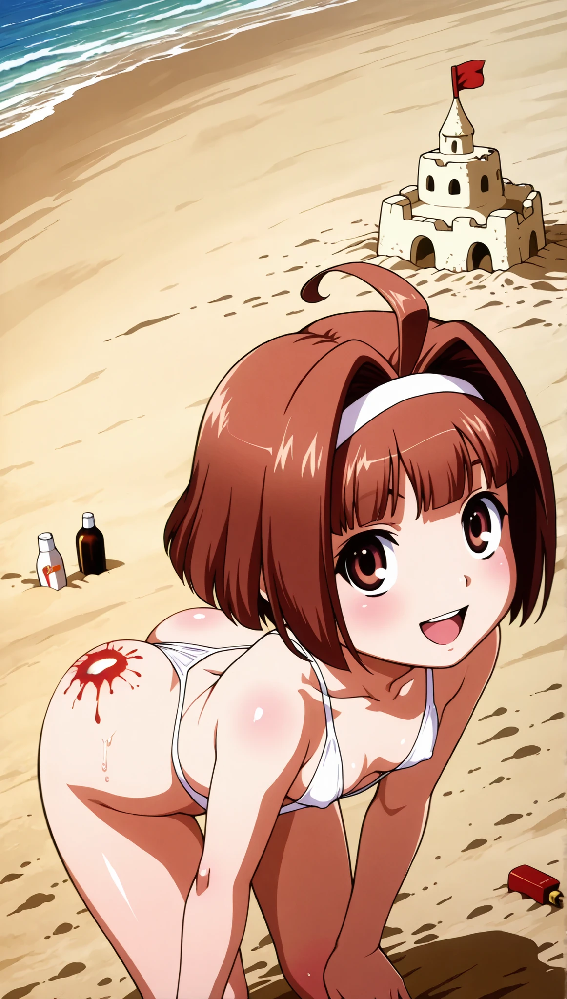 score_9, score_8_up, score_7_up, source_anime, shinobu miyake, long hair, bangs, purple hair, green eyes, cow print micro bikini, cow bell, Wetting Self, (Lactation stain:0.5), Dirty barns, straw, all fours, smile, looking at viewer, Dutch angle, sagging_huge_breasts, erect nipples, natural (black) curly armpit hair, Unshaven Pubic Hair, short statue