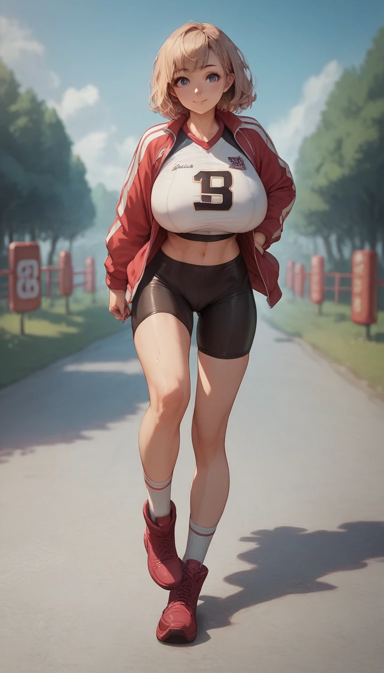 (masterpiece, best quality, highres, intricate details, hyper realistic:1.5), 1woman, Christina Hendriks, (jogging:1 4), (bouncing breasts:1.2), (colossal breasts:1.4), (detailed face:1.2), (thin waist:1.2), (huge ass:1.2), (thick thighs:1.2), (skimpy:1.4) sportswear outfit, park setting