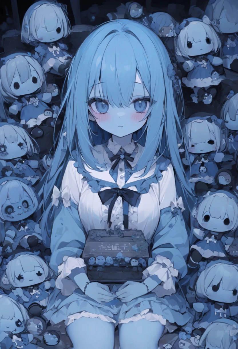 Like a Sanrio character、cute zombie girl。blue skin。stitch。The background is a grave 。There are lots of little zombie dolls around。