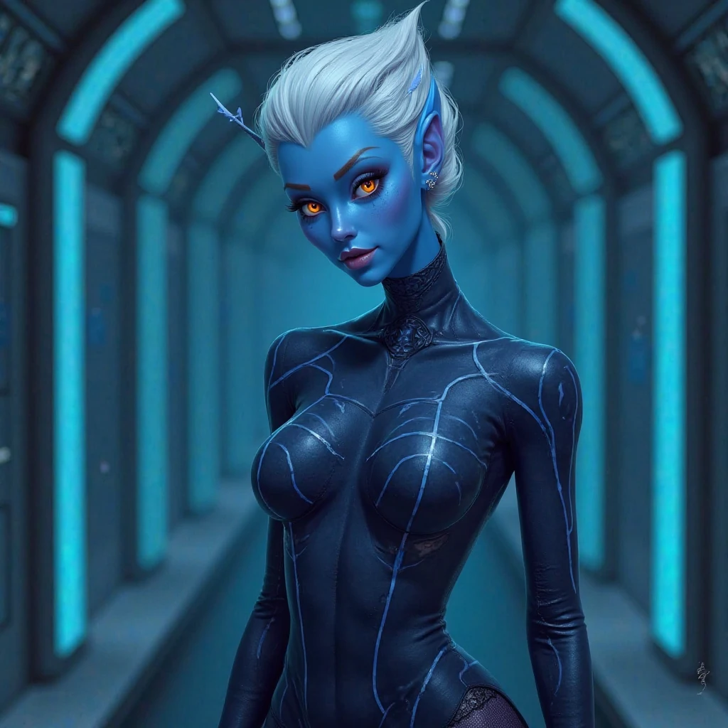 ((ultra quality)), ((masterpiece)), girl - draenei, world of warcraft, retrowave style, ((black short bob hair)), (neon facial piercing in ears), (body tattoos), (there are draenei neon horns), (beautiful cute face), (beautiful female lips), charming, ((sexy facial expression)), looks at the camera, eyes slightly open, (skin color blue), (blue skin), glare on the body, ((detailed beautiful female eyes)), ((blue neon eyes)), (juicy female lips), (black eyeliner), (beautiful female hands), ((ideal female figure)), ideal female body, beautiful waist, gorgeous thighs, there is a draenei tail, beautiful medium breasts, ((subtle and beautiful)), stands temptingly (close up face), (cyberpunk clothing neon) background: future city purple neon cyberpunk, ((depth of field)), ((high quality clear image)), (clear details), ((high detail)), realistically, professional photo session, ((clear focus)), anime