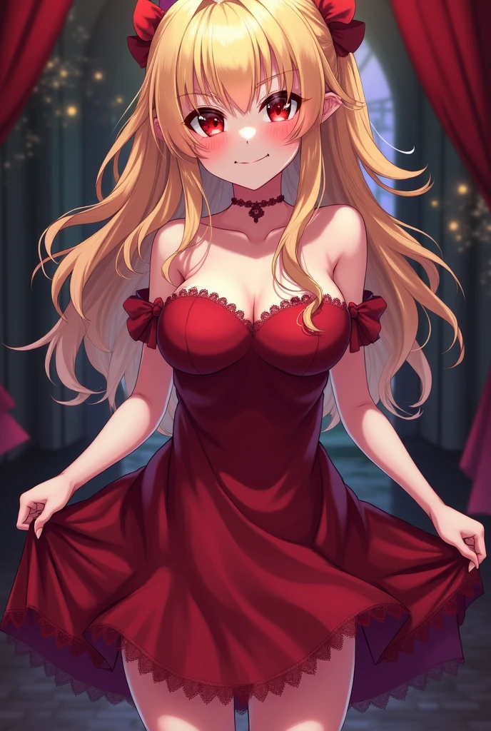 (masterpiece, best quality), 1girl, blonde hair, red dress, pantyhose, cute face, blush, 