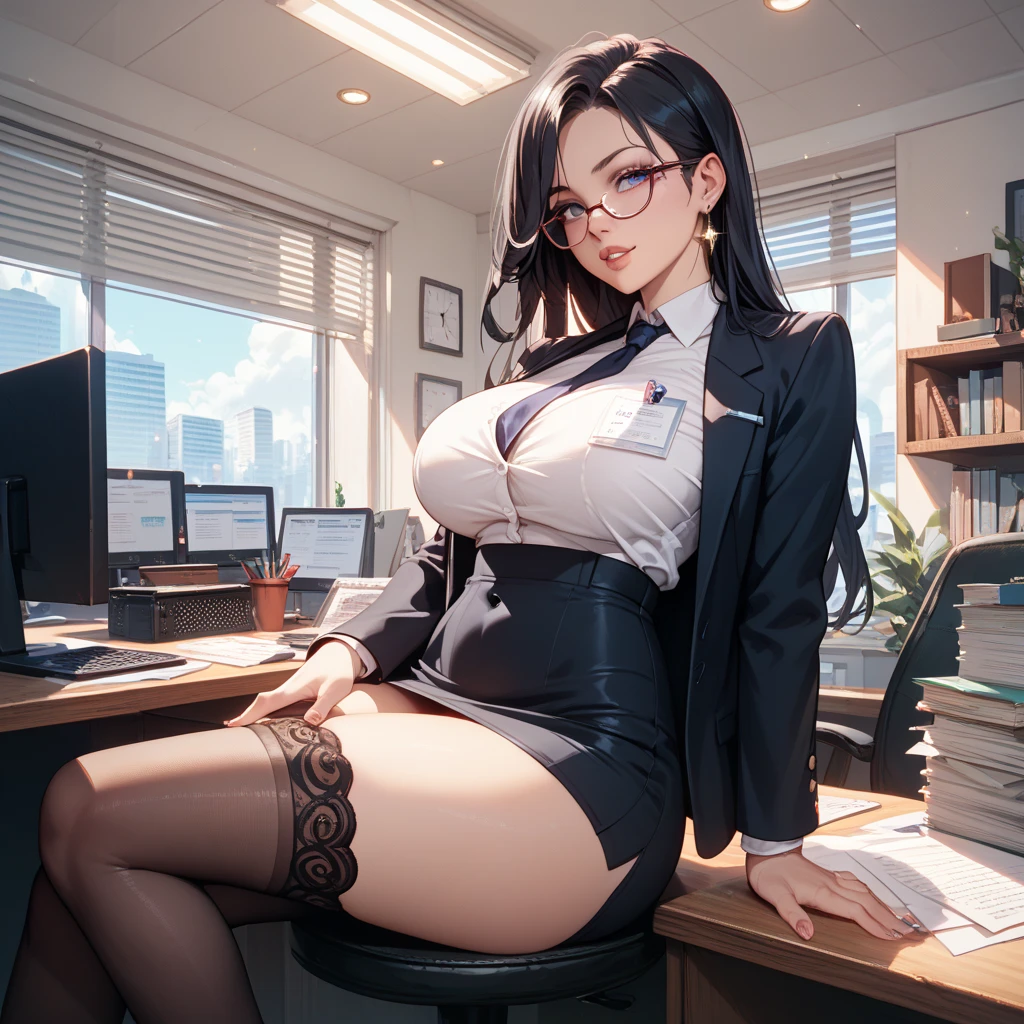 There is a woman sitting in a chair with a laptop, Llevar un estricto traje de negocios negro, Sentado en un escritorio, En traje estricto, en un escritorio, En un traje estricto, Diosa japonesa, muslos y falda, sat at her desk, Sentado en una mesa, Sentado en el escritorio, Llevar traje de negocios, piernas elegantes, seductoramente mirando al frente, piernas cruzadas, Sakura Futaba, cabello verde, flequillo contundente, purple eyes, ojos violetas, gafas, Camisa blanca abotonada, auriculares, Thicc, chaqueta verde, muslos gruesos, senos grandes