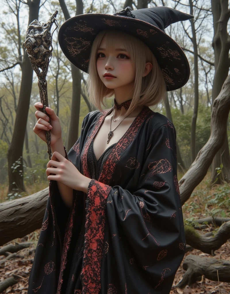 1girl(masterpiece, top quality, best quality, art, beautiful and aesthetic:1.2),(1girl),extreme detailed,(art:1.3),colorful,highest detailed,halloween,witch hat,hooded robe,jack-o'-lantern,withered tree background,<lora:Terror1:0.5>,Terror,gloomy,dark,