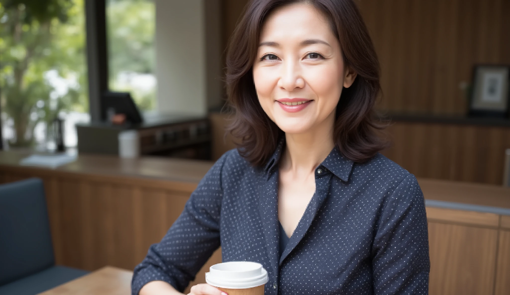 mature woman, ( Detailed depiction of hair ), ( face ), (detailed description of the body), high resolution , masterpiece, Best Quality , High detail, formal: 1.4), ( realistic: 1.2, 超 realisticな: 1.1, realistic: 1.37), ( Sharp Focus : 1.4), adjust depth of field, physics-based rendering , wave hair, , Unrivaled Beauty Live Venue , (ultimate beauty), ( lipstick:1.1), ( eyeliner :1.2), ( mascara), ( eyeshadow), (48 years old,: 1.4), Japanese 、 close-up、fine laugh lines:1.2、魅力的な笑face、 polka dot long sleeve shirt
Point : Small dot pattern 、 cuffs can be rolled up and wrapped 、 classic navy
background : Urban Cafe Terrace
Climax pose : coffee cup in one hand 、 Relaxed expression 。