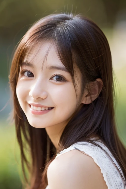 masterpiece,best quality,(Japanese ),((Beautiful girl)),cleavage,(perfect body beauty:1.2),(shy smile),beautiful teeth,(Blurred background of brick buildings),from above,