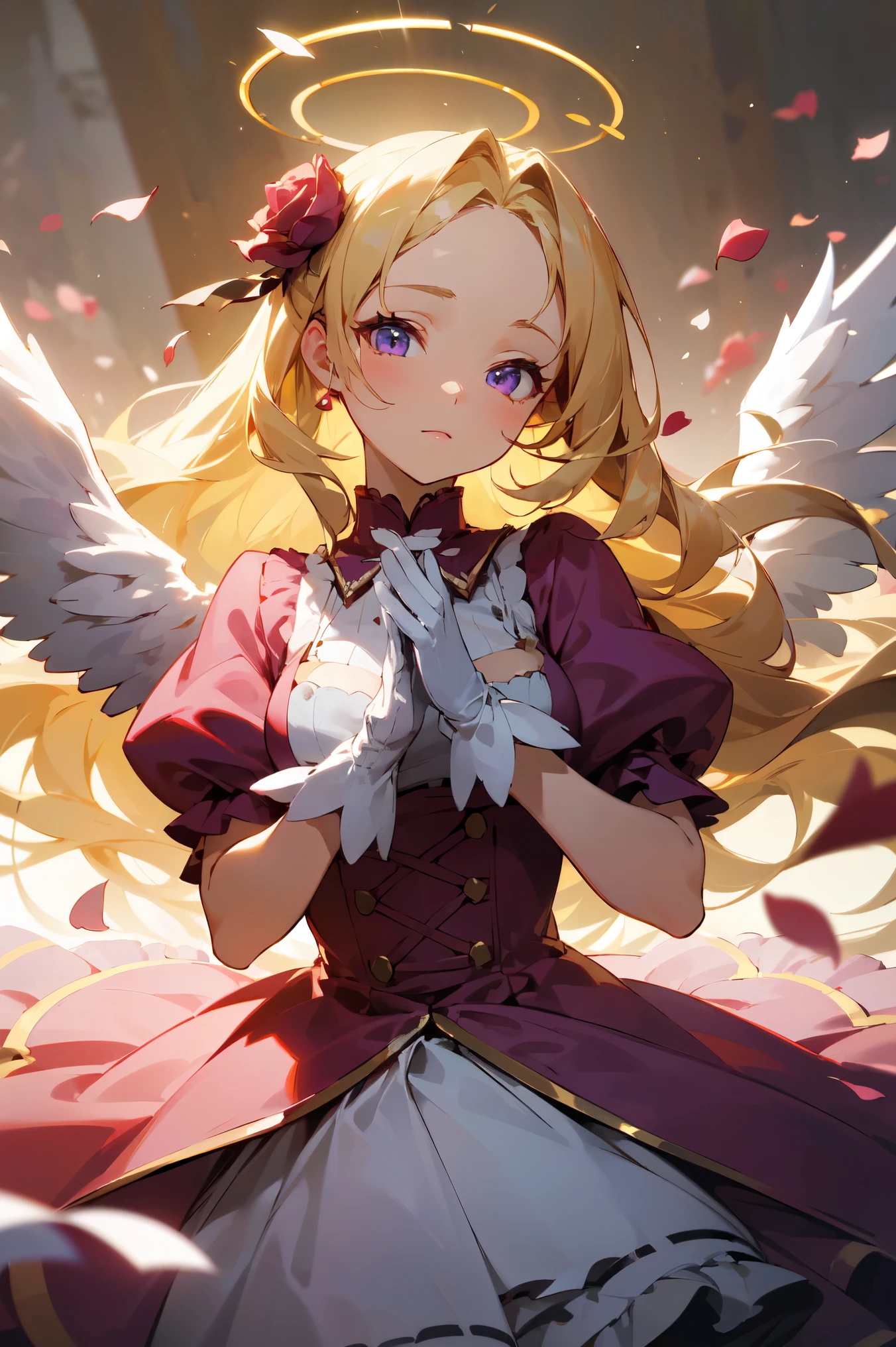 (masterpiece, high detailed, best quality:1.3), (cowboy shot), portrait, dutch angle, looking at viewer, 1girl, beautiful, golden hair, very long hair, wavy hair, hair flowers, parted bangs, (floating hair), purple eyes, beautiful eyes, pretty lips, (lolita fashion), (pink dress), white gloves, angle wings, white wings, golden halo, standing, (arms behind back), ((rose petals, falling petals)), rose background, (sparkling, ray of sunlight), soft lighting, vibrant light, fbokeh, depth of field, absurdres