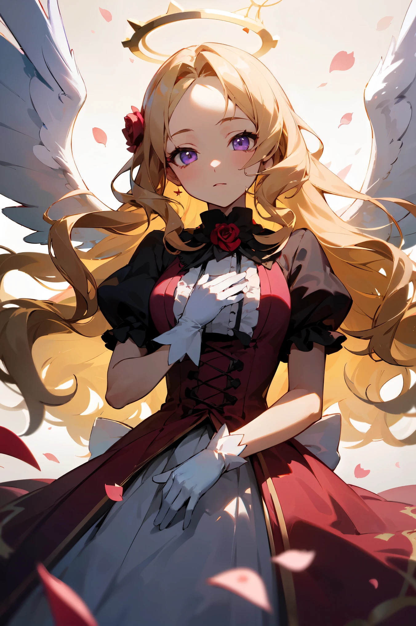 (masterpiece, high detailed, best quality:1.3), (cowboy shot), portrait, dutch angle, looking at viewer, 1girl, beautiful, golden hair, very long hair, wavy hair, hair flowers, parted bangs, (floating hair), purple eyes, beautiful eyes, pretty lips, (lolita fashion), (pink dress), white gloves, angle wings, white wings, golden halo, standing, (arms behind back), ((rose petals, falling petals)), rose background, (sparkling, ray of sunlight), soft lighting, vibrant light, fbokeh, depth of field, absurdres
