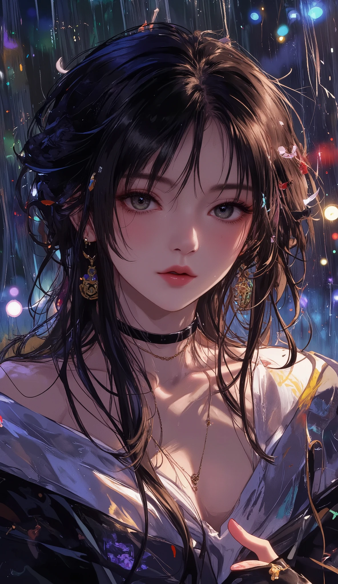masterpiece, Best Quality, ultra resolution, perfect anatomy, a woman, Detailed Faces, hunter、Heavy Rain、rain wet hair、My hair is disheveled but beautiful、A gloomy expression、I was swamped by my lover、My heart hurts、Right after entering the entrance、light particles Fauvism fantastic, dramatic, dynamic, absurd, metaphysics