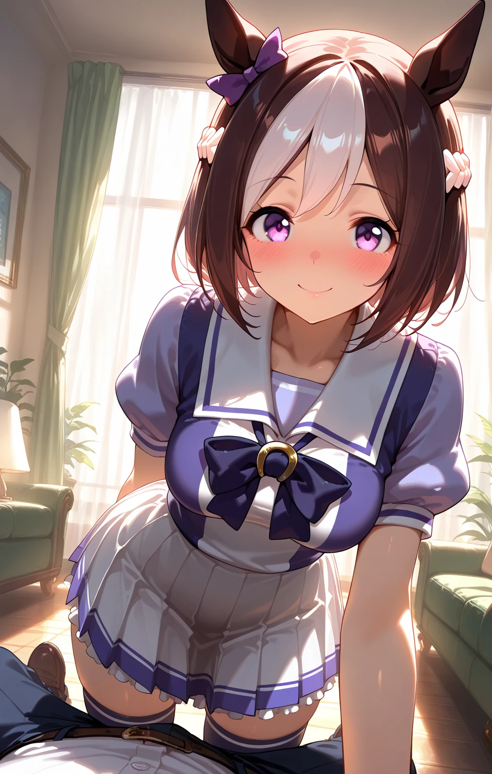 A beautiful woman wearing a blue sailor suit with lots of frills and lace　Long sleeve　Brown bob with hair ornament　Upper Body