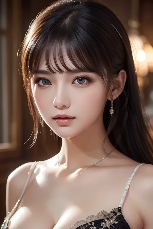 (A hyper-realistic)、(illustratio)、(hight resolution)、(8K)、(ighly detailed)、(Best Illustration)、(beautifully detailed eyes)、(top-quality)、(ultra-detailliert)、(​masterpiece)、(wall-paper）、（A detailed face）、独奏、1 girl in、full body Esbian、gazing at viewer、Fine eyes and mouth、A detailed face、a bar counter、in the darkness nigth、lowkey、pureerosfaceace_v1、A smile、long、Dark blonde straight hair、bangss、Sea view、Beautiful teeth alignment、Blushing cheeks、Enraptured look、Complex off-the-shoulder clothing、(爆乳:1.4)