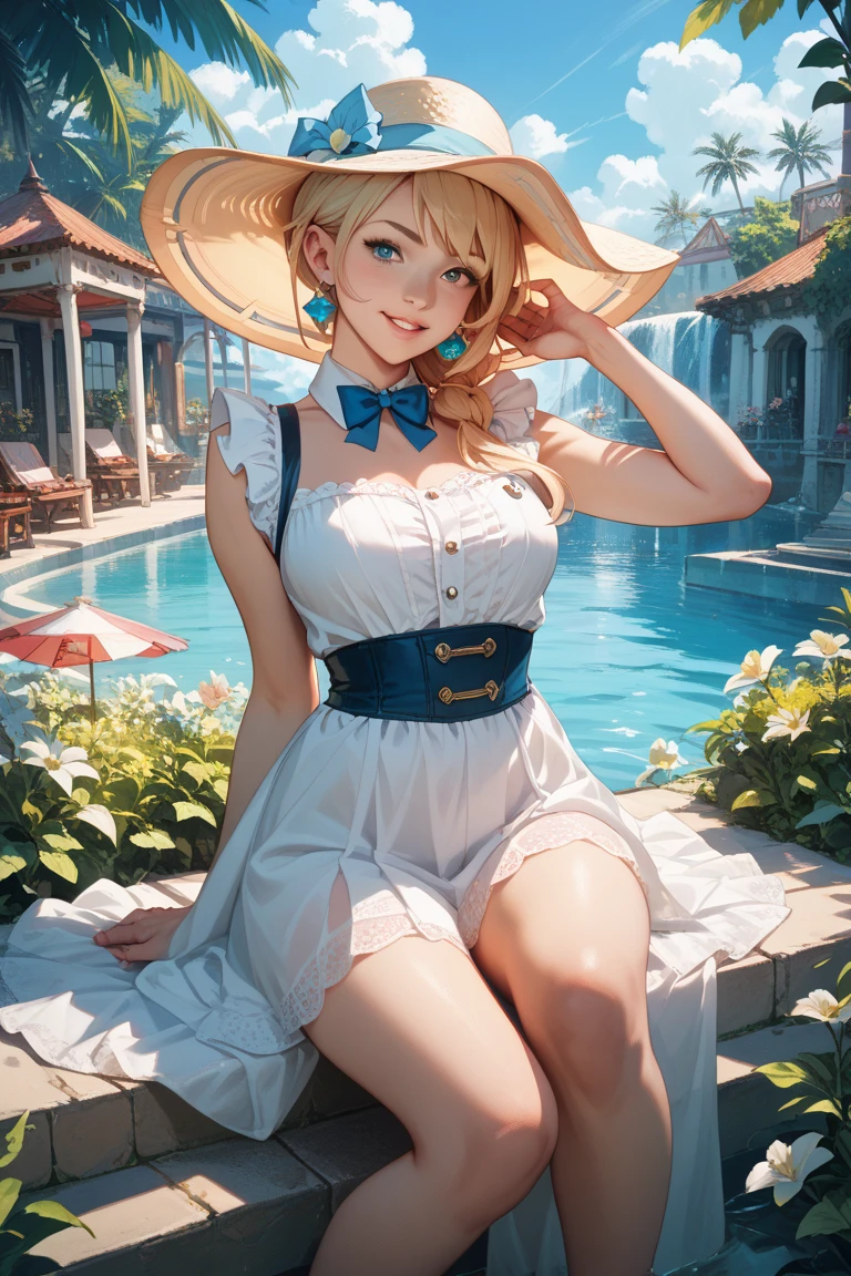 beautiful woman, adult woman, (looking at viewer), BREAK ((masterpiece)), ((best quality)), ((intricate detailed)), ((Hyperrealistic)), BREAK color full, God rays, ray tracing, beautiful detail eyes, extremely detailed, wet, oiled, BREAK 1girl, blonde hair, smile, (:D), white dress, straw hat, white dress, crew sock, hair bow, on grass, flower background,
