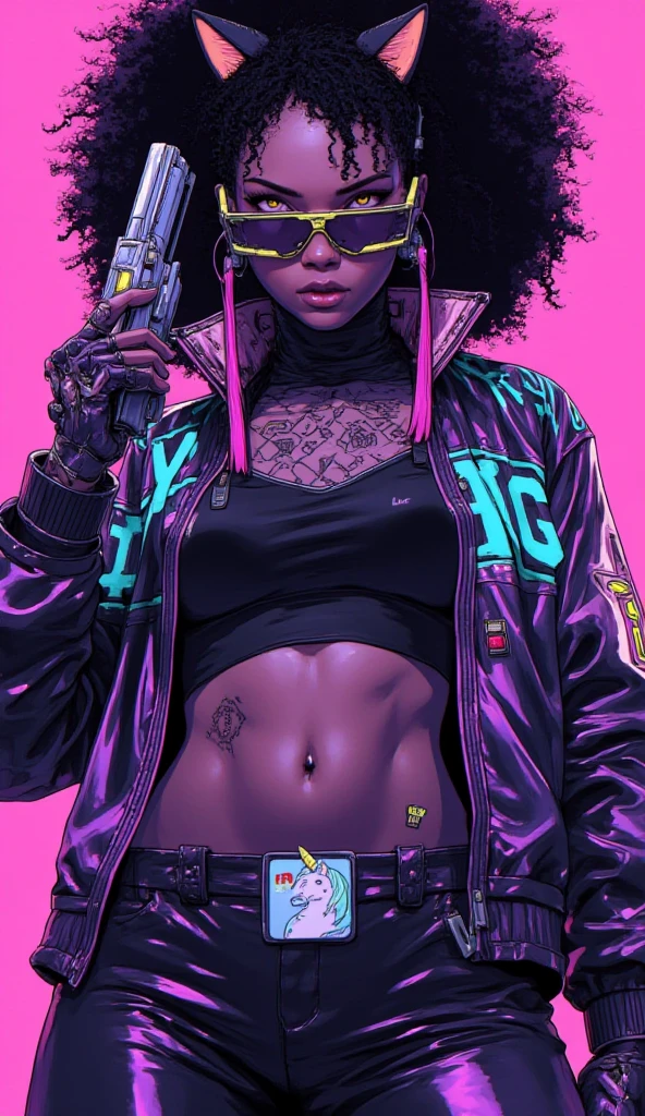 jubilee,short black hair,brown eyes ,lips ,lipstick,dark skin,solo, standing,  hands on hips, upper body, close up,
jubJak, denim shorts , open yellow jacket, purple shades on head, hoop earrings ,((blue gloves)), pink shirt, blue boots,
streets, chain fence, wall with graffiti, retro,
(insanely detailed, beautiful detailed face,  masterpiece, beautiful detailed  eyes, best quality) photo-realistic, octane render,