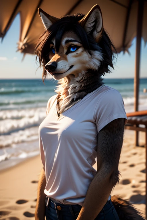 RAW Photo, realistic, 1girl, solo, furry, anthro, (detailed fluffy fur:1.3), wolf girl, short hair, black wolf, black hair, black fur, body fur, yellow eyes, jewerly, clothed, white shirt, huge breasts, upper body, looking at viewer, detailed face eyes and fur, sfw, beach