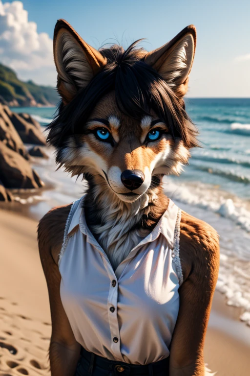 Super realistic girl 14 years1.55 meters tall and the ratio between bust, weight and waist and hip measure 10 x 20 x 10 cm, black hair, white skin, skinny blue eyes, short bikini outfit with fox eye