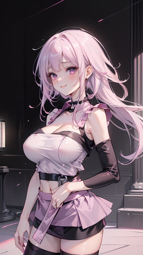 Center of chest,pretty girl,Cat ear,Beautiful silver hair,Pink inside,Beautiful pink eyes,black shirt,black skirt,dark,smile, resting under their chin,
