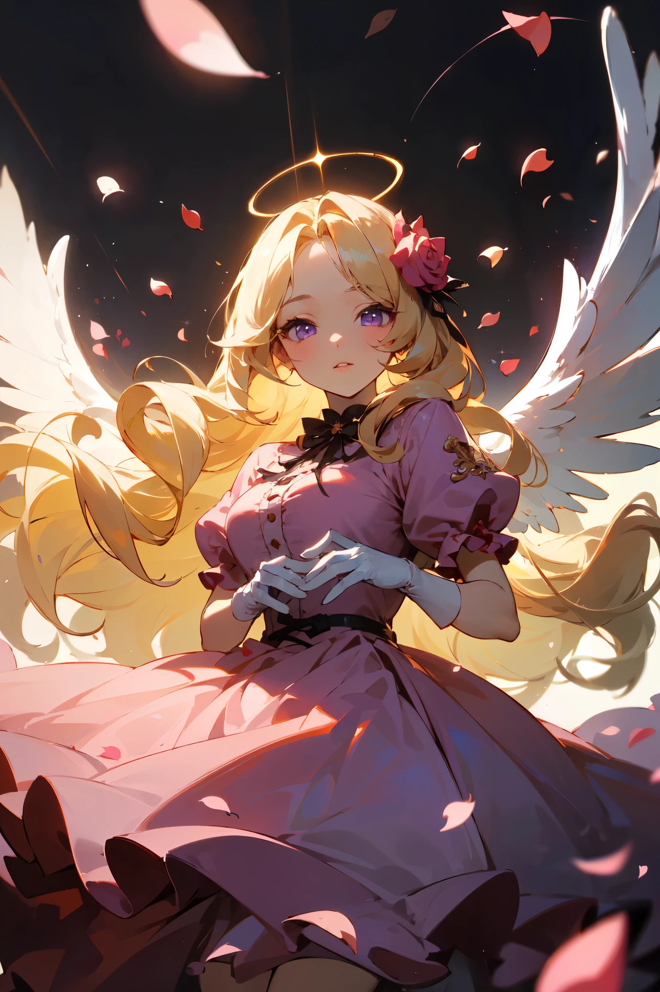 (masterpiece, high detailed, best quality:1.3), (cowboy shot), portrait, dutch angle, looking at viewer, 1girl, beautiful, golden hair, very long hair, wavy hair, hair flowers, parted bangs, (floating hair), purple eyes, beautiful eyes, pretty lips, (lolita fashion), (pink dress), white gloves, angle wings, white wings, golden halo, standing, (arms behind back), ((rose petals, falling petals)), rose background, (sparkling, ray of sunlight), soft lighting, vibrant light, fbokeh, depth of field, absurdres