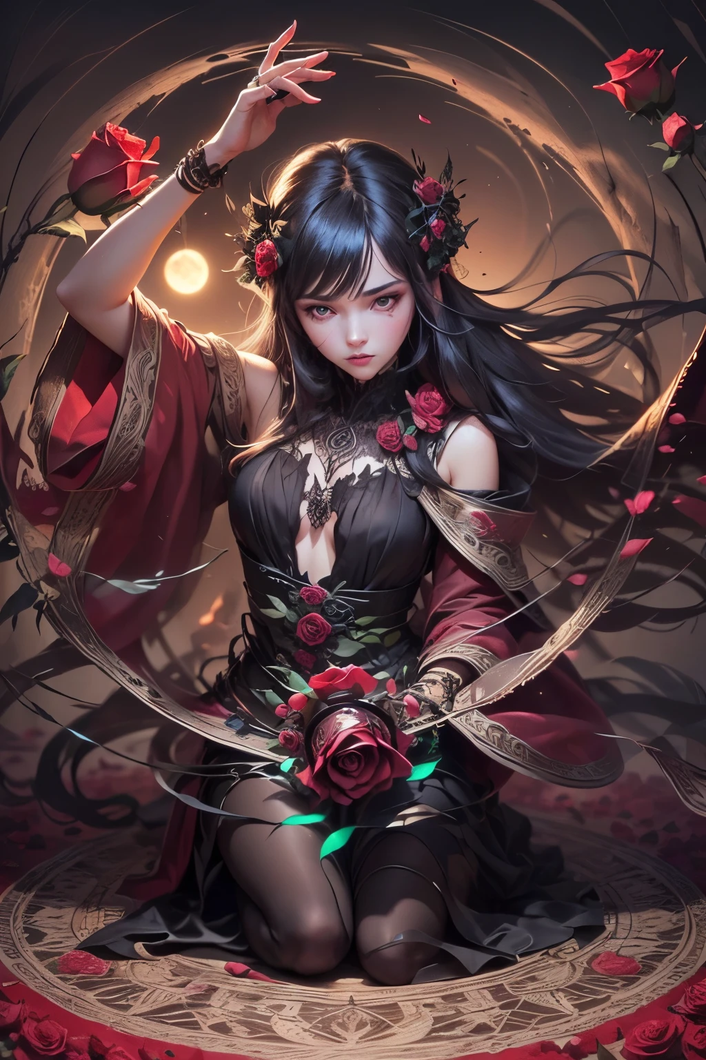 (Ultra-detailed face, Looking Away, Gothic Illustration, Dark Tone Colors.) , BREAK
(The reddish moon makes the roses glow with a deep crimson color. The park is modeled after an old-fashioned garden in the Romanesque architectural style of medieval Europe. Particles of red-colored glowing light are drifting all around.) , BREAK
(The queen of the crimson roses is gracefully twirling rose petals with both hands in bold poses and large movements. Speed Lines. She is surrounded by colorful roses and sharp thorny branches.) , BREAK
(The queen of the crimson roses wears a Venetian mask with a rose motif, mixed black and red hair and eyebrows, a crisp fringe, long wavy hair reaching to her hips, small rose lips, rosy eyes, light gray skin, and eyeliner.), and (She wears a net covering her neck and a shiny rose-colored bib necklace. She wears a classic medieval European-style lace-up dress of jet-black fabric embroidered with crimson roses. She wears rose-colored laced heels with thin rosy laces.)