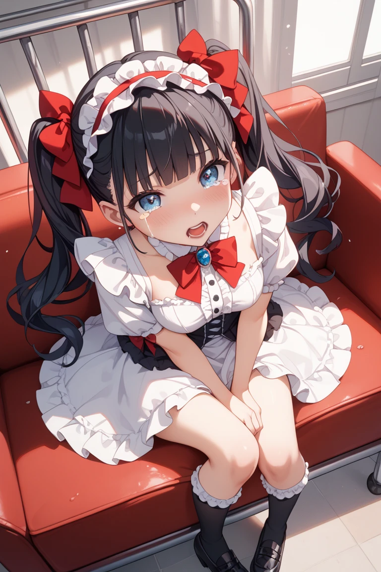 Beautiful girl at 13 years old,Japanese,,,Small and slim,Flat Chest,Small breasts,Baby Face,Small face,Black Hair,Twin tails,Grey Eyes,middle School girls,Sexy negligee,lingerie,open mouth,tongue out,Sit on a chair,Tie hands behind back,Beautiful and detailed anime art,puzzled look,high angle, looking at viewer, looking ahead, from above,cowboy shot,Sexy vibe,cum on tongue,
