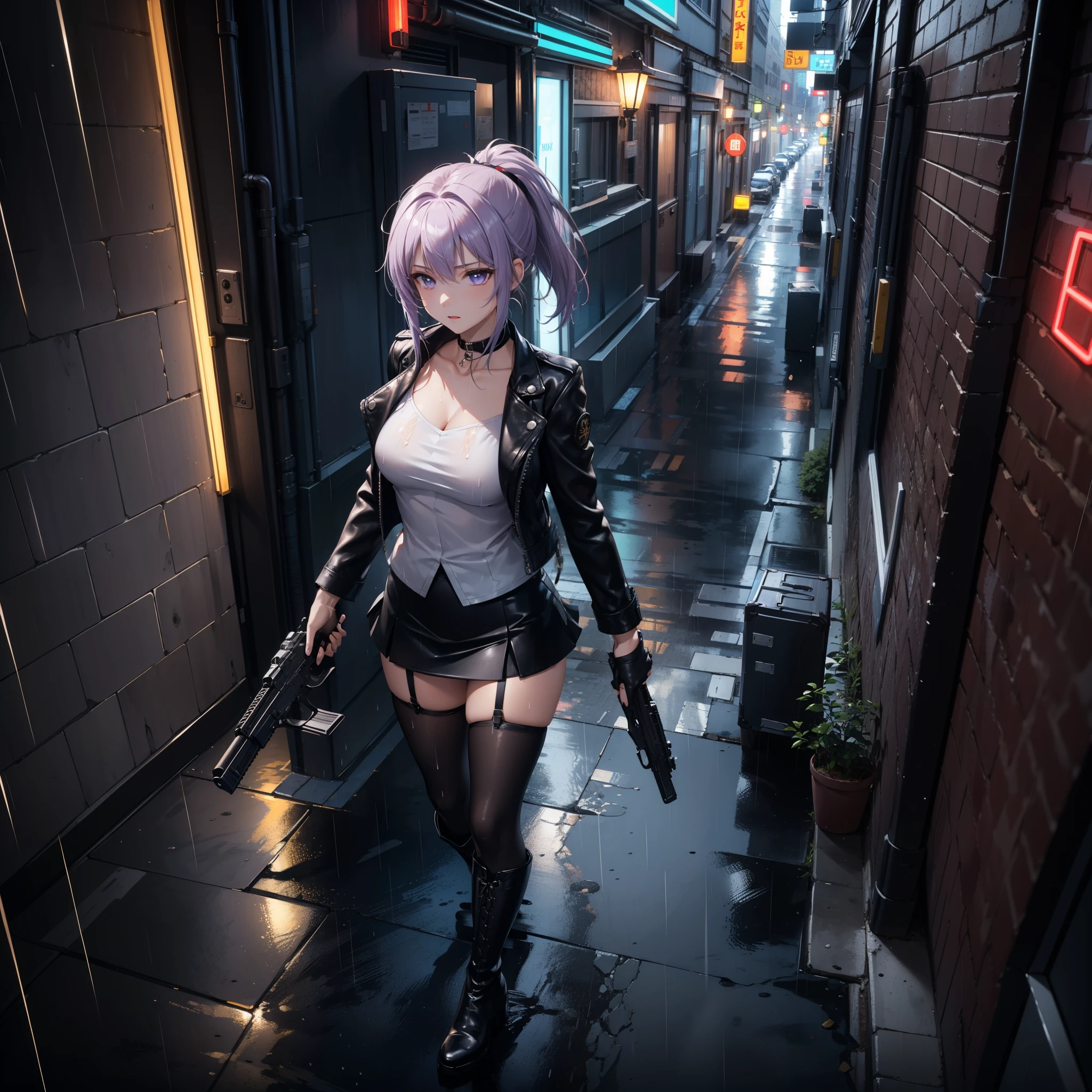 (Masterpiece, best quality, Detailed), a chic, Alone, of foot, ((seen from above)), (Holds a gun with his hand), ojos Detaileds, purple eyes shirt, Lavender hair short ponytail, Love, Medium breasts, ((harness on the torso)), ((gun case on the thigh)), ((black leather jacket)), (black gloves, ((short school miniskirt)), ( brown stockings), black boots, outdoor, city, cyberpunk, (rain), night, city lights, Neon lights, dark alley