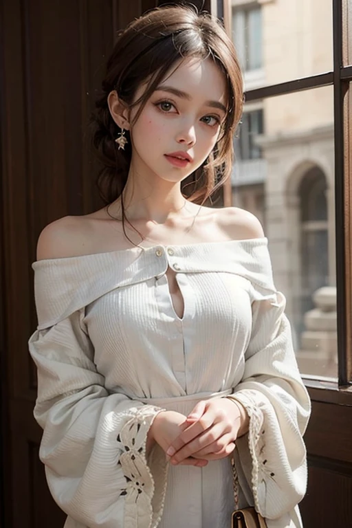 (Masterpiece: 1.2, Best Quality), Realistic, (Realistic Picture, Complex Details, Depth of Field), Best Quality, Masterpiece, Highly Detailed, Semi Realistic, 1 Girl, Mature Female, 21 Years Old, Blond Hair, Shoulder length Short Hair, Left Eye Covered with Hair, Blue Eyes, King's Clothes, Red Cloak, Slim Figure, Crown Made of Precious Gold, Reading Documents, Marking Documents, Goose Hair Pen, Office Table, Soft Bench, Palace, In the palace, during the Middle Ages