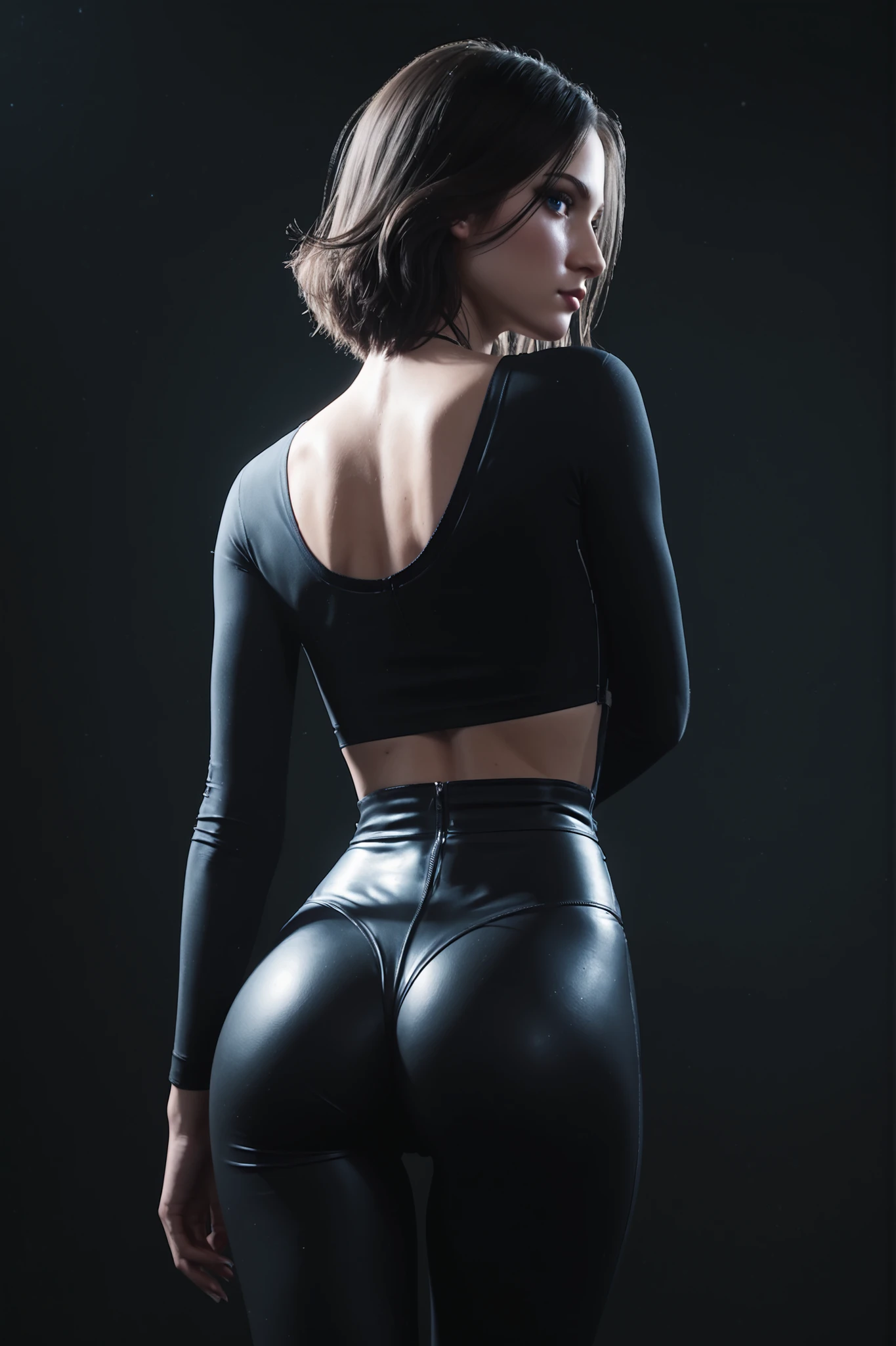 TEW2Juli, 1girl, dark hair, blue eyes, (extremely skinny), (thin waist), looking at viewer, from behind, wearing sexy black tight pants, in a dark room, score_9, score_8_up, score_7_up, score_6_up