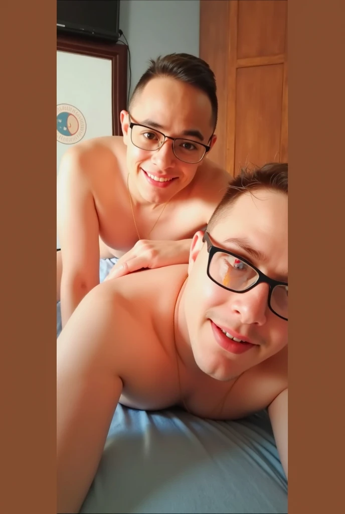 Man and woman selfie, both are naked, man muscular with big dick, woman sexy with brown hair, selfie from above, intimate, naked, standing, show full body