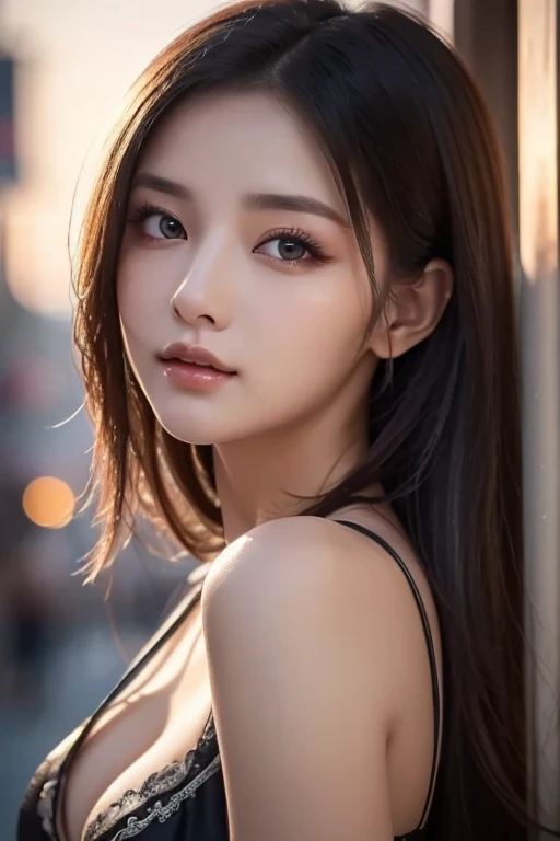 Urban beautiful girl college student, Masterpiece, Light makeup, red lips, silver hair, long messy hair, road background, beautiful, elegant. Very detailed details, Original work, Authentic texture, Realism of cinematic lighting, perfect job, 16ก, HD, Exquisite features,blue eyes、Japanese idol、หน้าbeautiful、cute smile、brown hair、beautiful hair、ponytail、charming、,NUDE, big breasts、erect nipples、Oily muscles、Shiny skin、Tanned skin、Black glowing skin、sexy women bra,T-back, big bright eyes, Smooth skin, earring, necklace, 