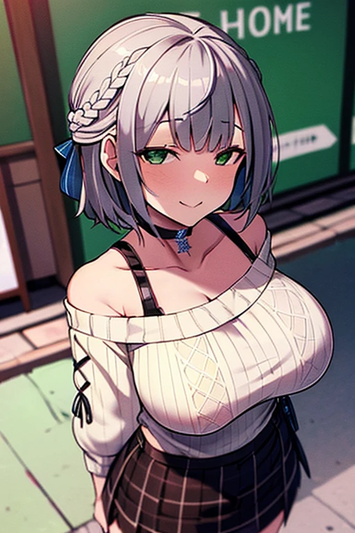 Create a 24-year-old anime girl with a plunging neckline in a purple dress in a shopping mall landscape with a face of love.