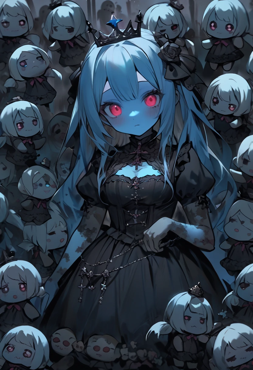 cute zombie princess。blue skin。There are lots of tiny zombie dolls around the seams。The background is a grave 。There are a lot of little zombie dolls around、 in the ward。 Dark 。