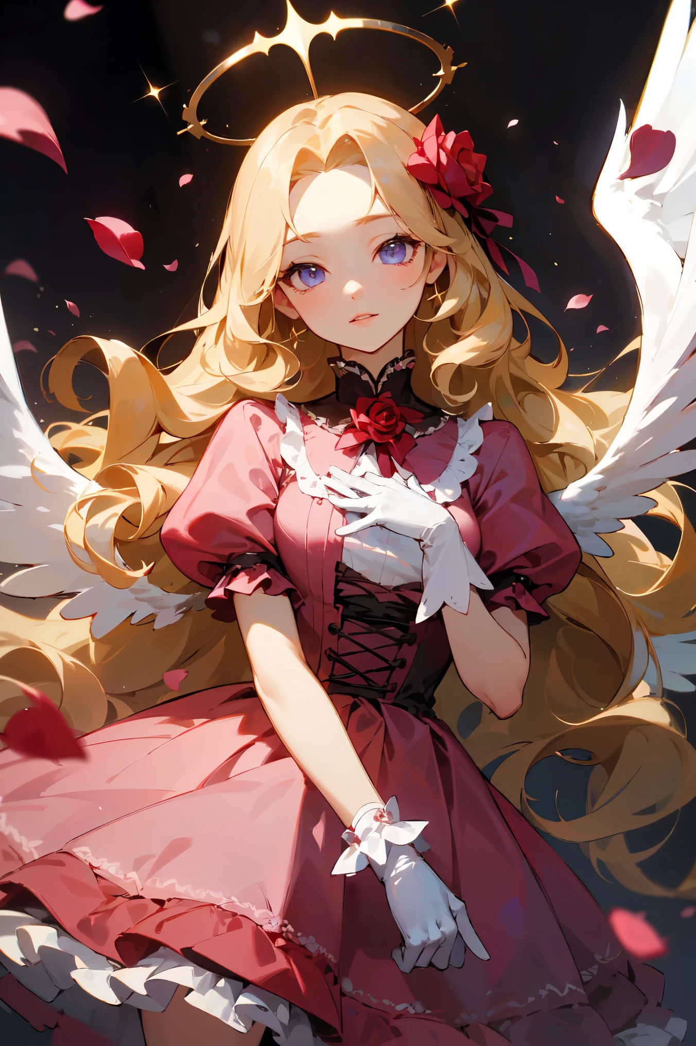 (masterpiece, high detailed, best quality:1.3), (cowboy shot), portrait, dutch angle, looking at viewer, 1girl, beautiful, golden hair, very long hair, wavy hair, hair flowers, parted bangs, (floating hair), purple eyes, beautiful eyes, pretty lips, (lolita fashion), (pink dress), white gloves, angle wings, white wings, golden halo, standing, (arms behind back), ((rose petals, falling petals)), rose background, (sparkling, ray of sunlight), soft lighting, vibrant light, fbokeh, depth of field, absurdres